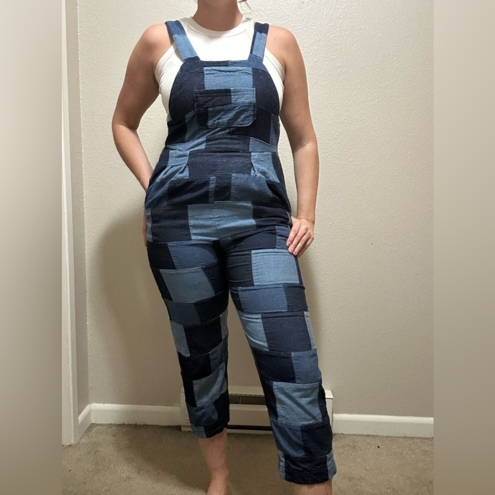 One of a Kind Patchwork Denim Overalls — Medium Petite Cropped Jean Jumpsuit - Picture 3 of 8